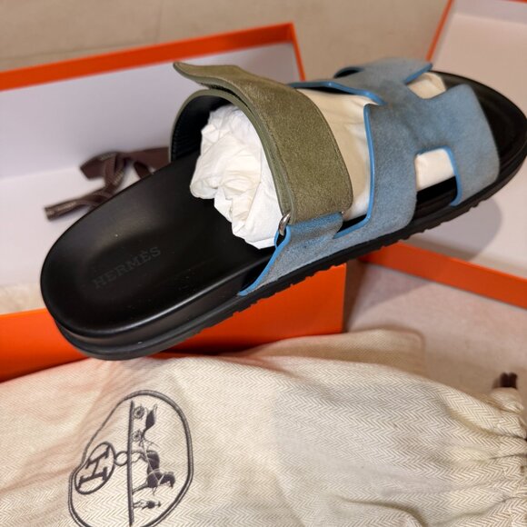 AUTHENTIC HERMES- Chypre Sandal Blue Cameo Vert Celadon Green Strap Slide - Picture 6 of 16